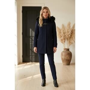 Cole Haan Navy Black Faux Fur Hooded Wool Blend Duffle Coat Women's Size 10